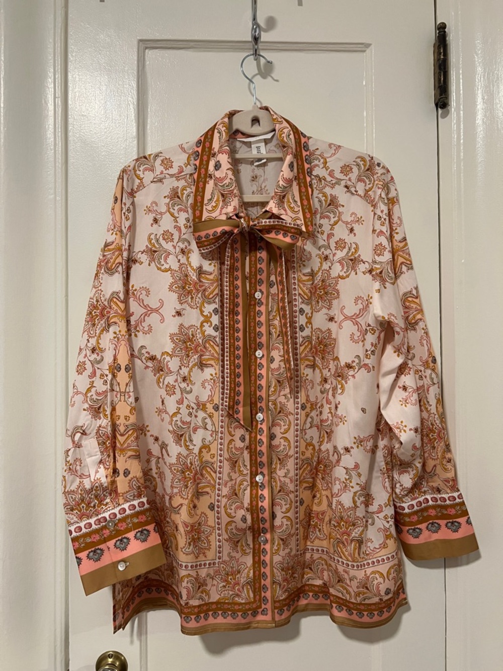 H&M Pink and Orange Paisley Bow-Tie Blouse